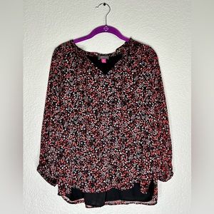 Vince Camuto Black Blouse w/ Red & Pink Floral Pattern, Keyhole Accent
